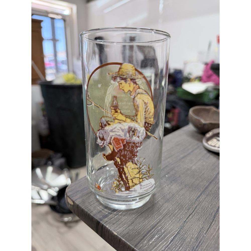 Vintage Coca Cola Glasses Norman Rockwell Drinking‎ Glass Boy Fishing with Dog